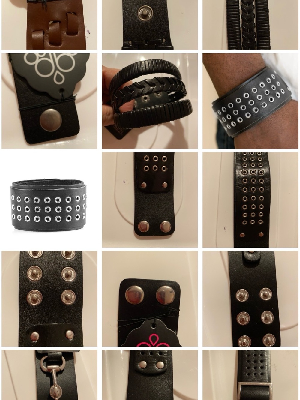 5 Bracelets Black, and Brown Leather Grommet Cuff Bracelets.